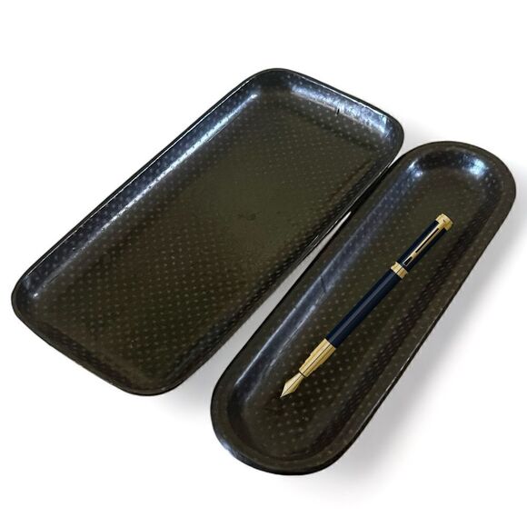 Vintage Wood Plastic Polymer Pen Desk Tray Set Black Gold Starburst Pattern (2) - Picture 3 of 15